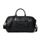 Black Leather Duffle Bag - front view with top handles, shoulder strap, brass hardware, and luggage tag, handcrafted buffalo leather | Hema Emporium