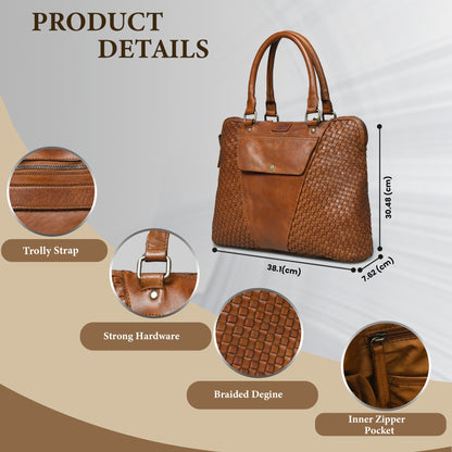 Handwoven Leather Tote Bag for Women with Trolley Sleeve