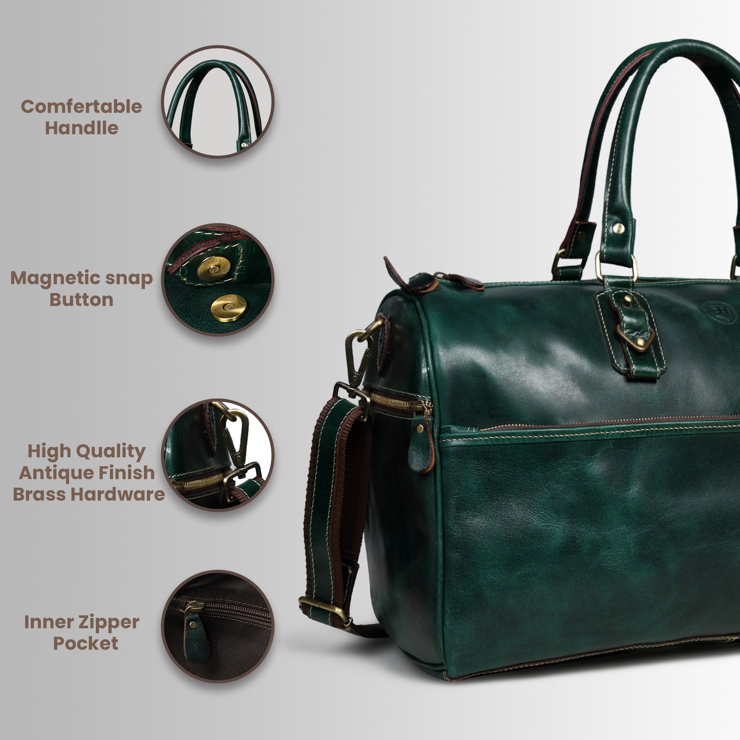 Classic Leather Travel Duffle – Top-Zip Design - Forest Green