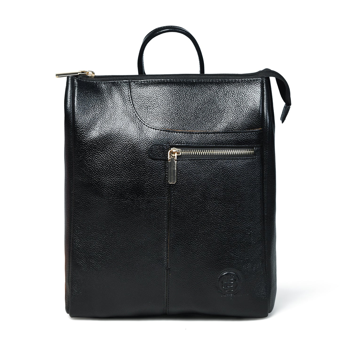 A black textured leather backpack with a top handle, a front zippered pocket, and a small embossed logo near the bottom right, shown on a white background.