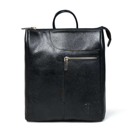 A black textured leather backpack with a top handle, a front zippered pocket, and a small embossed logo near the bottom right, shown on a white background.