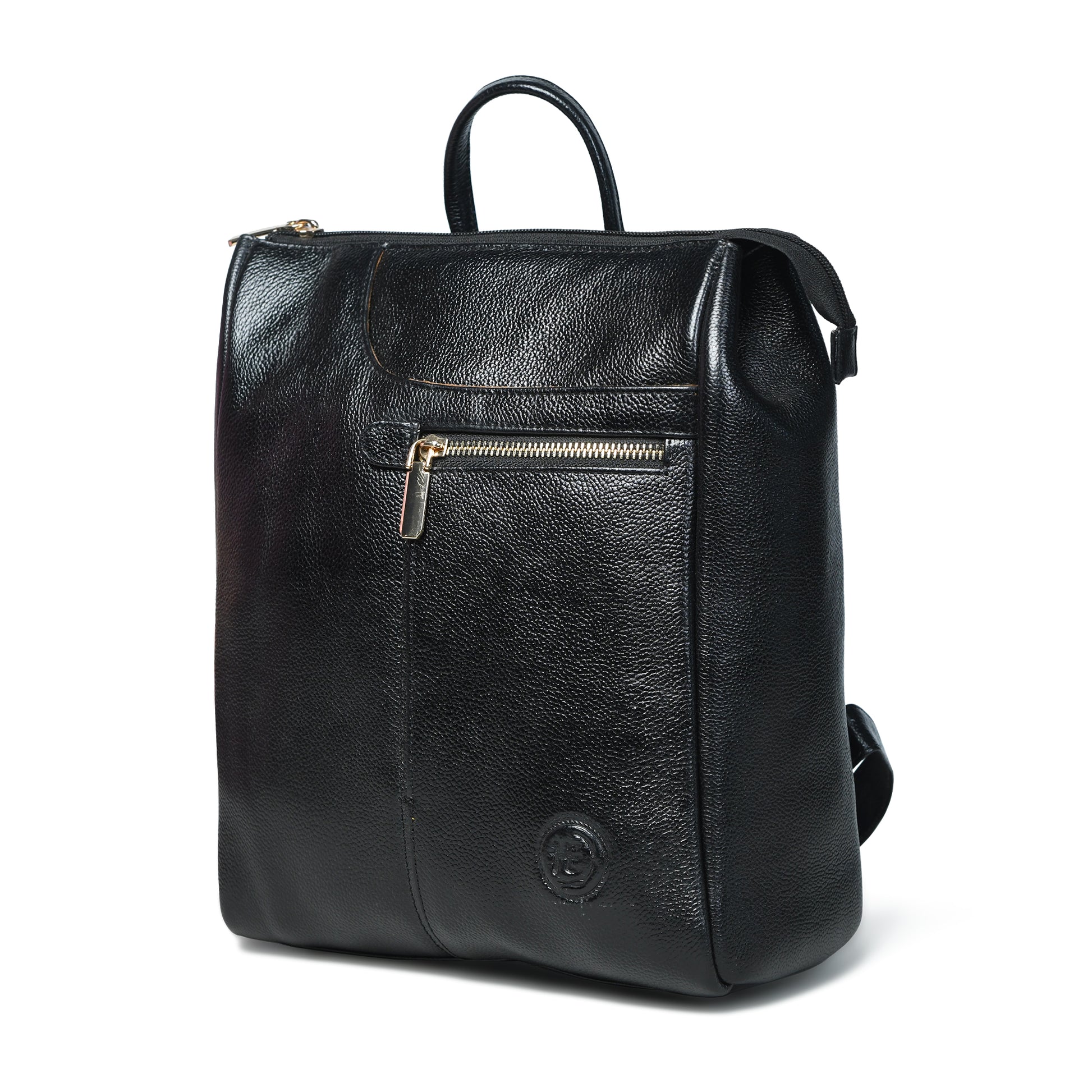 Black textured leather backpack with a top handle, a front zippered pocket, and a small circular embossed logo near the bottom, shown on a white background.