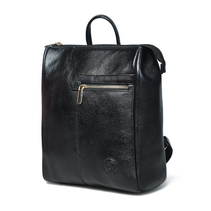 Black textured leather backpack with a top handle, a front zippered pocket, and a small circular embossed logo near the bottom, shown on a white background.