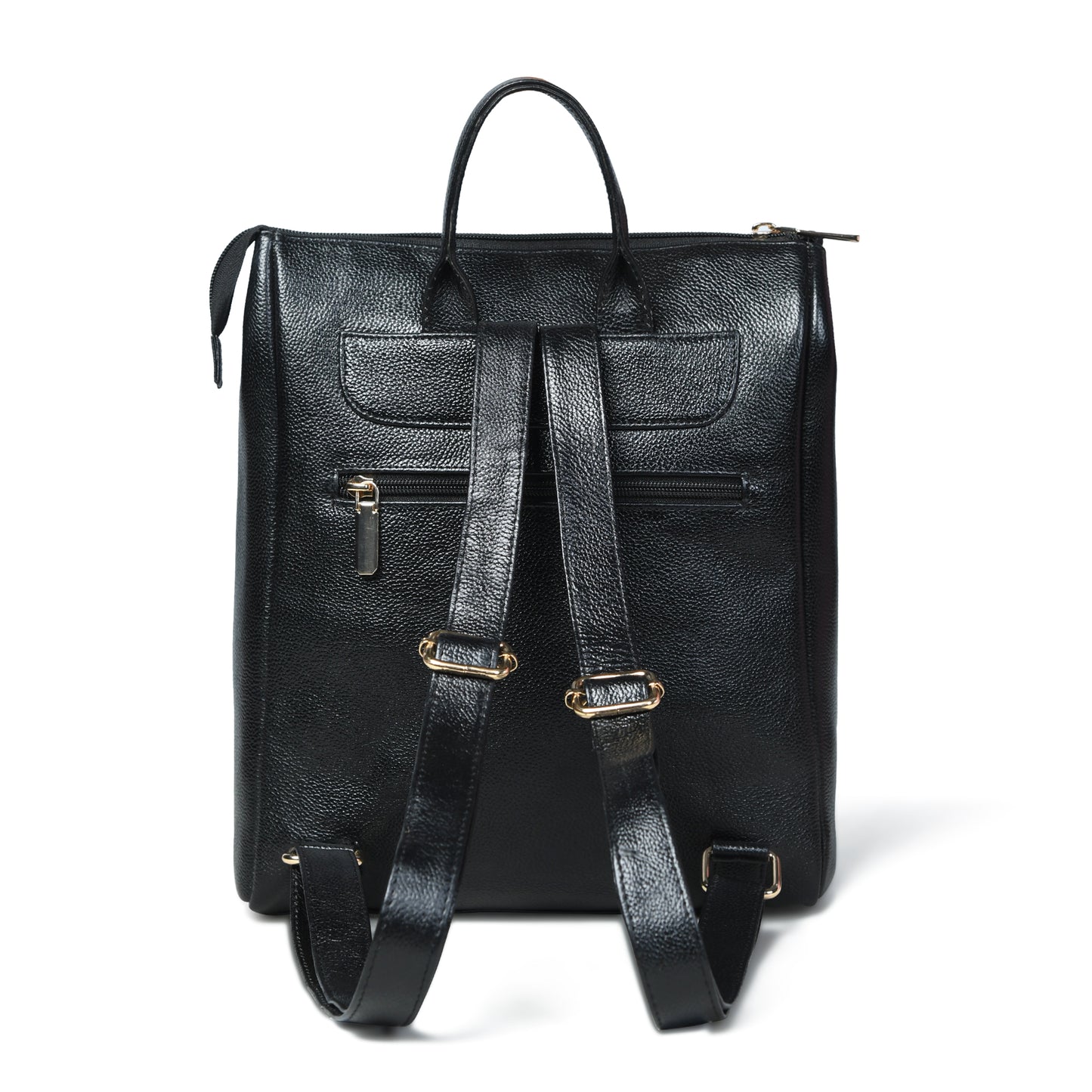 Black textured leather backpack with dual top handles, front zippered pockets, and adjustable shoulder straps with hardware, shown on a white background.