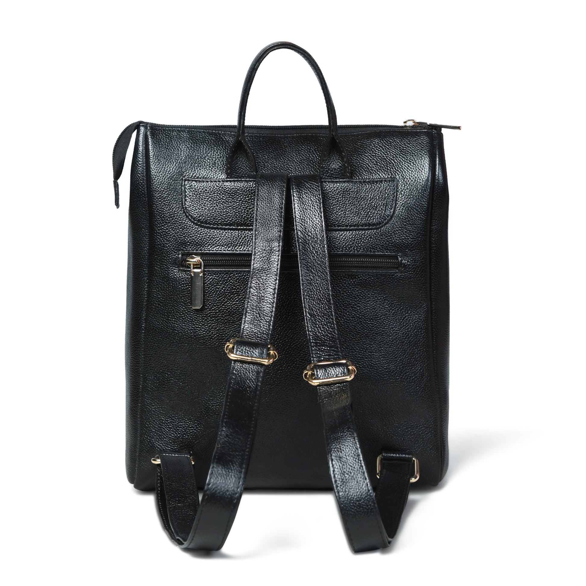 Black textured leather backpack with dual top handles, front zippered pockets, and adjustable shoulder straps with hardware, shown on a white background.
