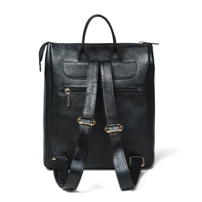 Black textured leather backpack with dual top handles, front zippered pockets, and adjustable shoulder straps with hardware, shown on a white background.