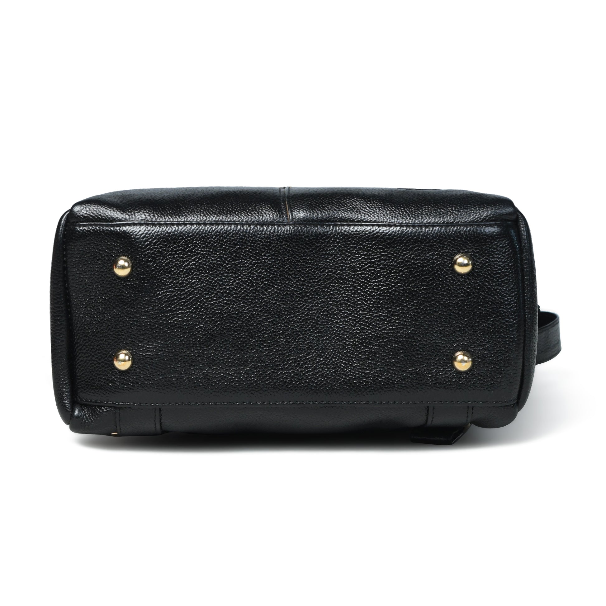 Black pebbled leather handbag bottom view showing metal studs on a white background.