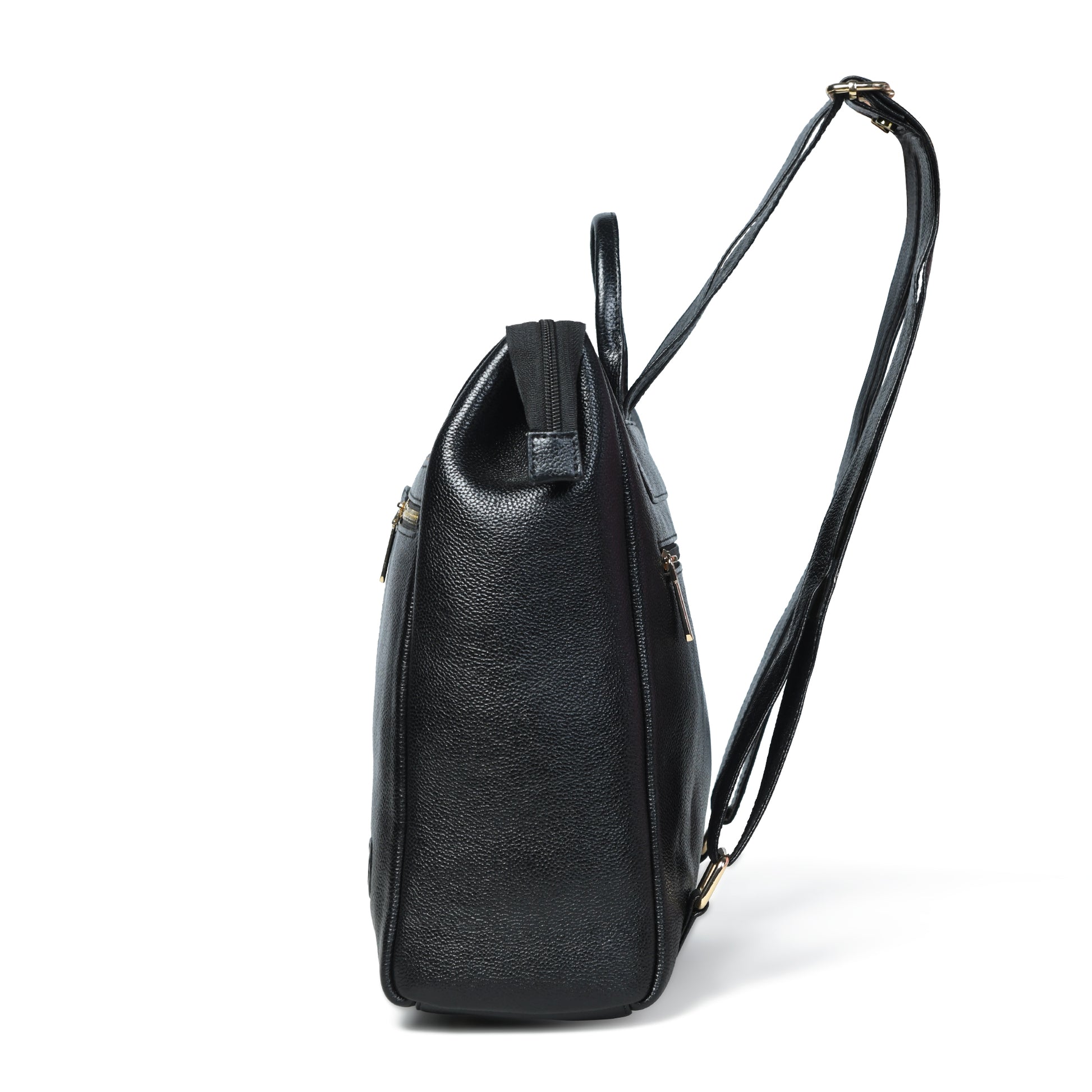 A black pebbled leather shoulder bag shown from a side profile view, featuring a top handle, a long adjustable shoulder strap, and small hardware, set against a plain white background.