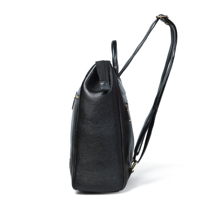 A black pebbled leather shoulder bag shown from a side profile view, featuring a top handle, a long adjustable shoulder strap, and small hardware, set against a plain white background.