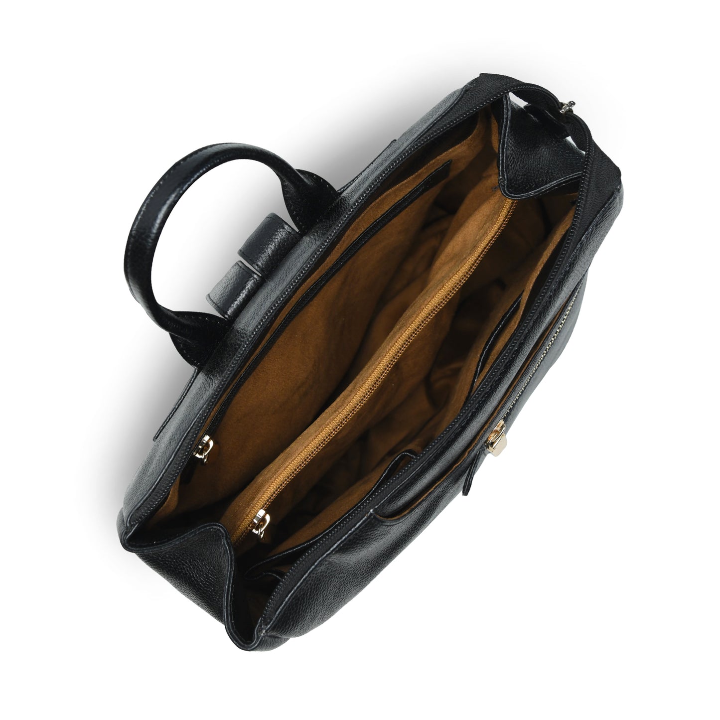 Black leather handbag shown from an overhead angle with the main compartment open