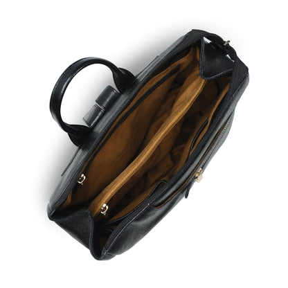 Black leather handbag shown from an overhead angle with the main compartment open
