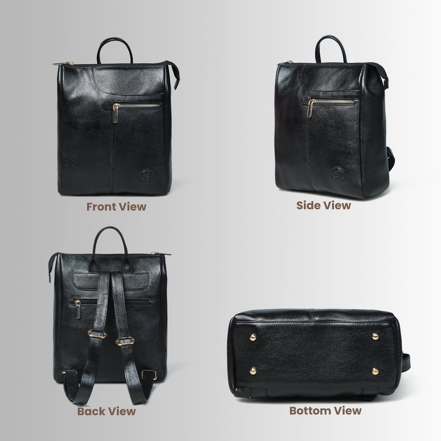 Black leather backpack shown from front, side, back, and bottom views on a gray background.