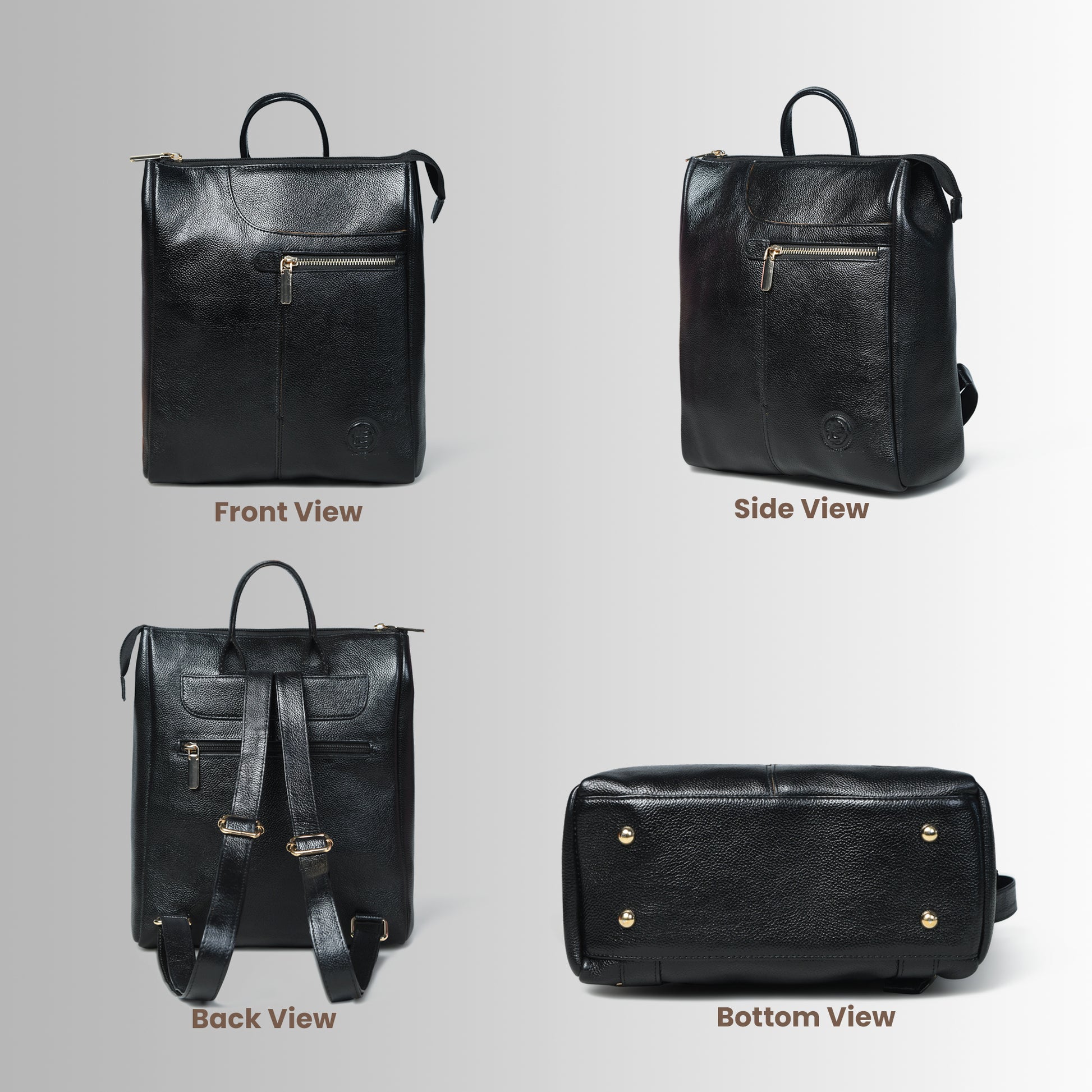 Black leather backpack shown from front, side, back, and bottom views on a gray background.
