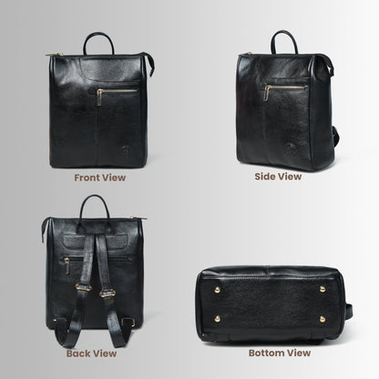 Black leather backpack shown from front, side, back, and bottom views on a gray background.