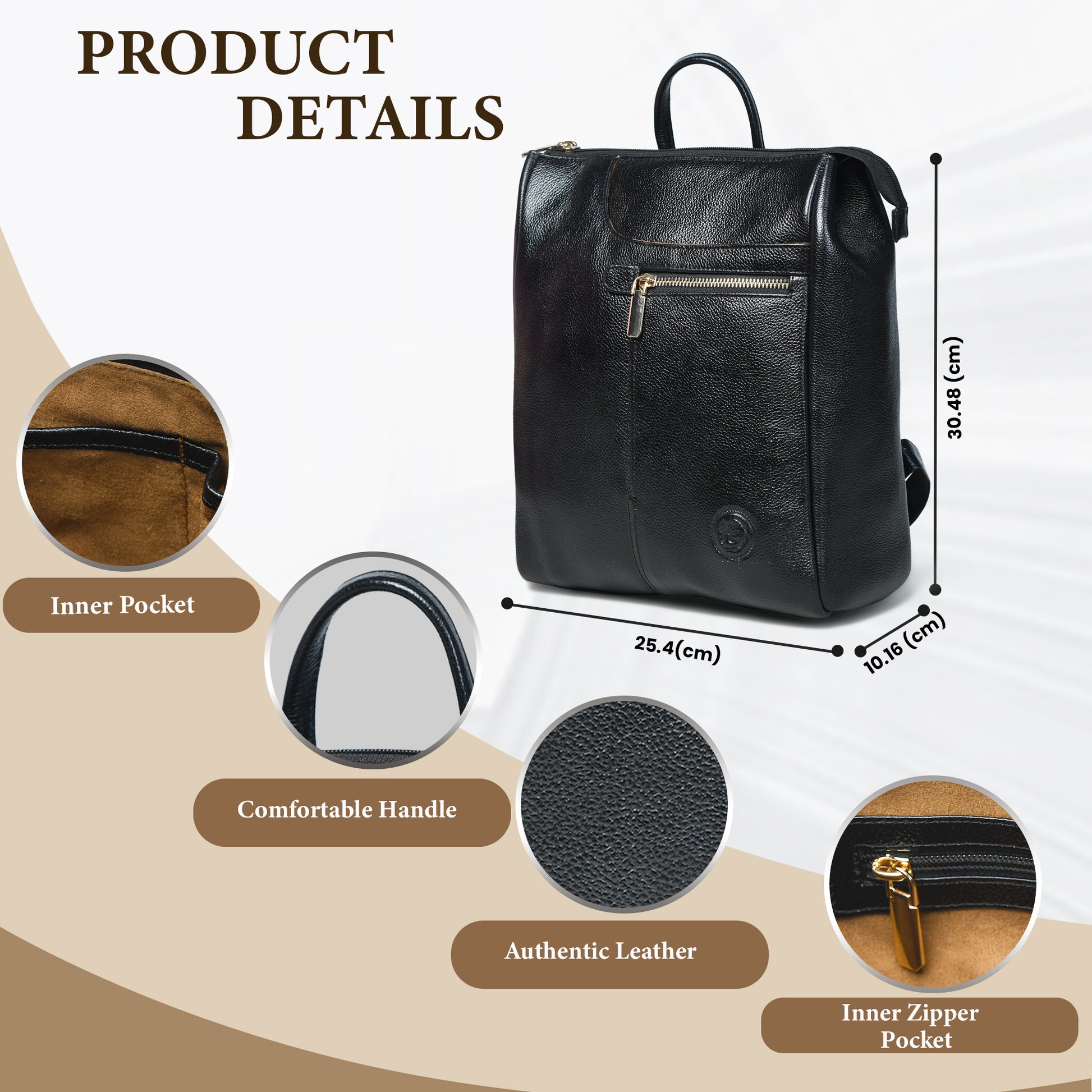 Black leather backpack with product details on a white background