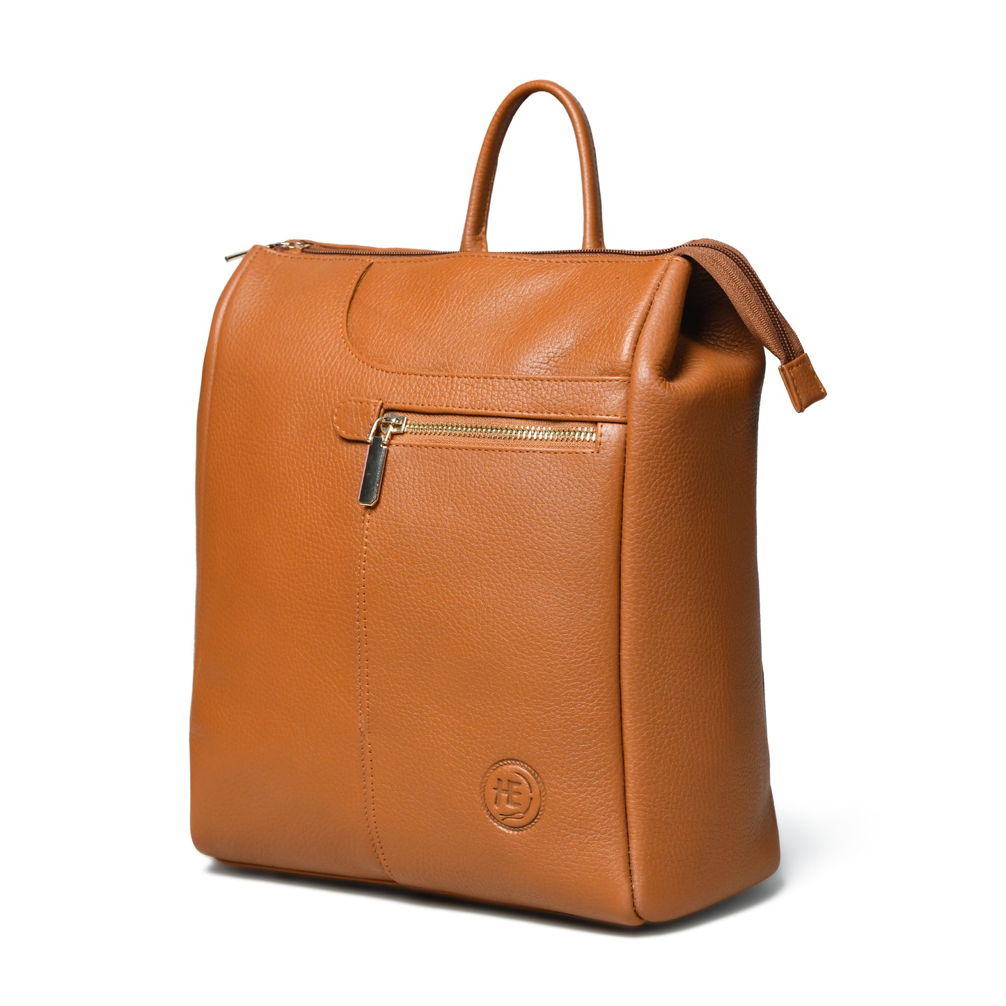 tan Brown pebbled leather backpack with a top handle, a front zippered pocket, and a circular embossed logo on the lower front, shown on a white background.