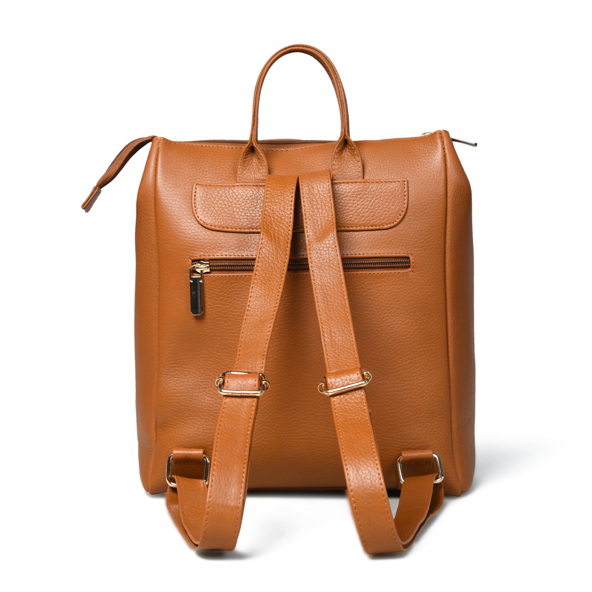 tan Brown leather backpack shown from the back, featuring dual top handles, a zippered front pocket, and adjustable shoulder straps with hardware, set against a plain white background.