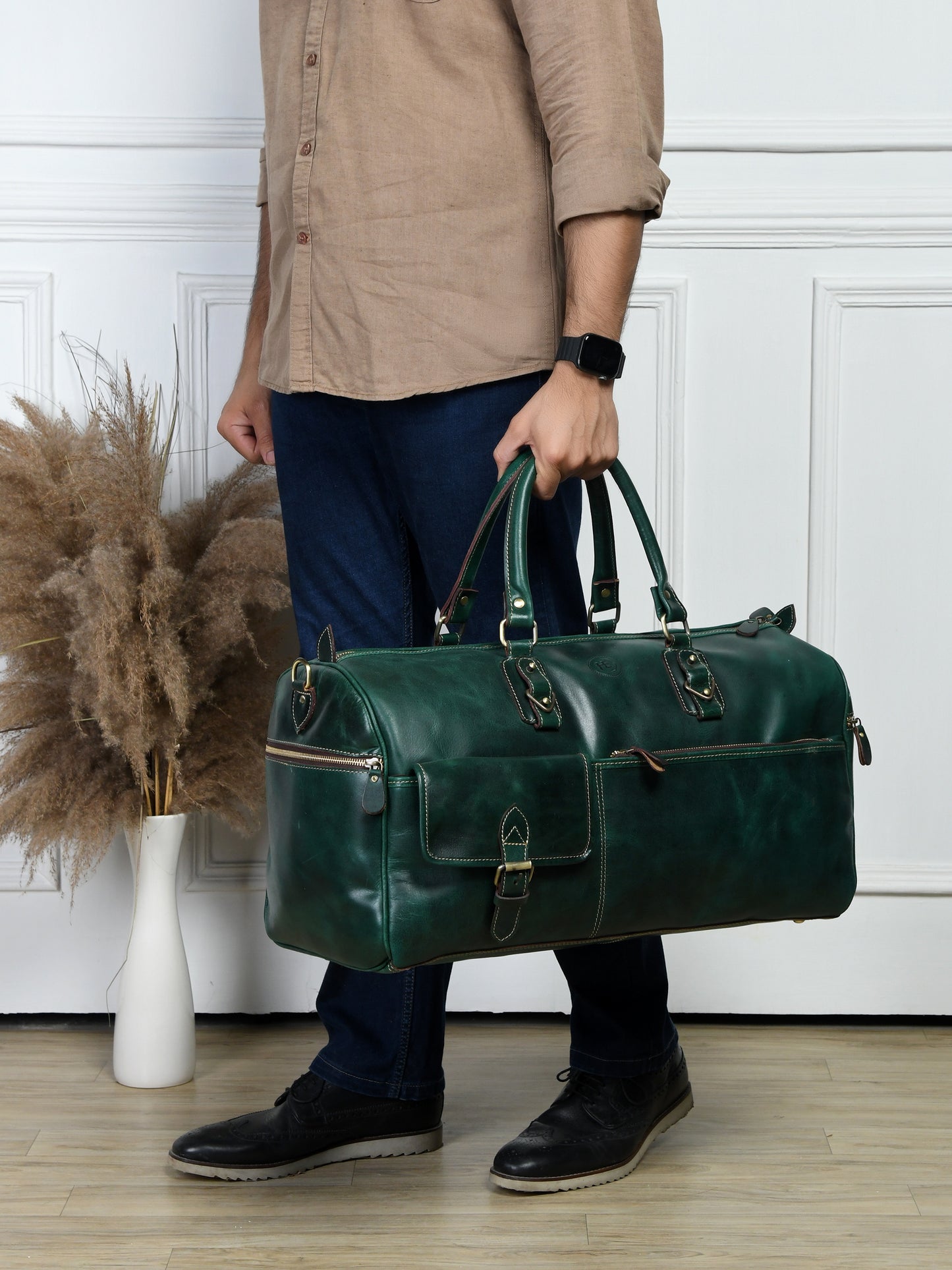 Classic Leather Travel Duffle – Top-Zip Design - Forest Green