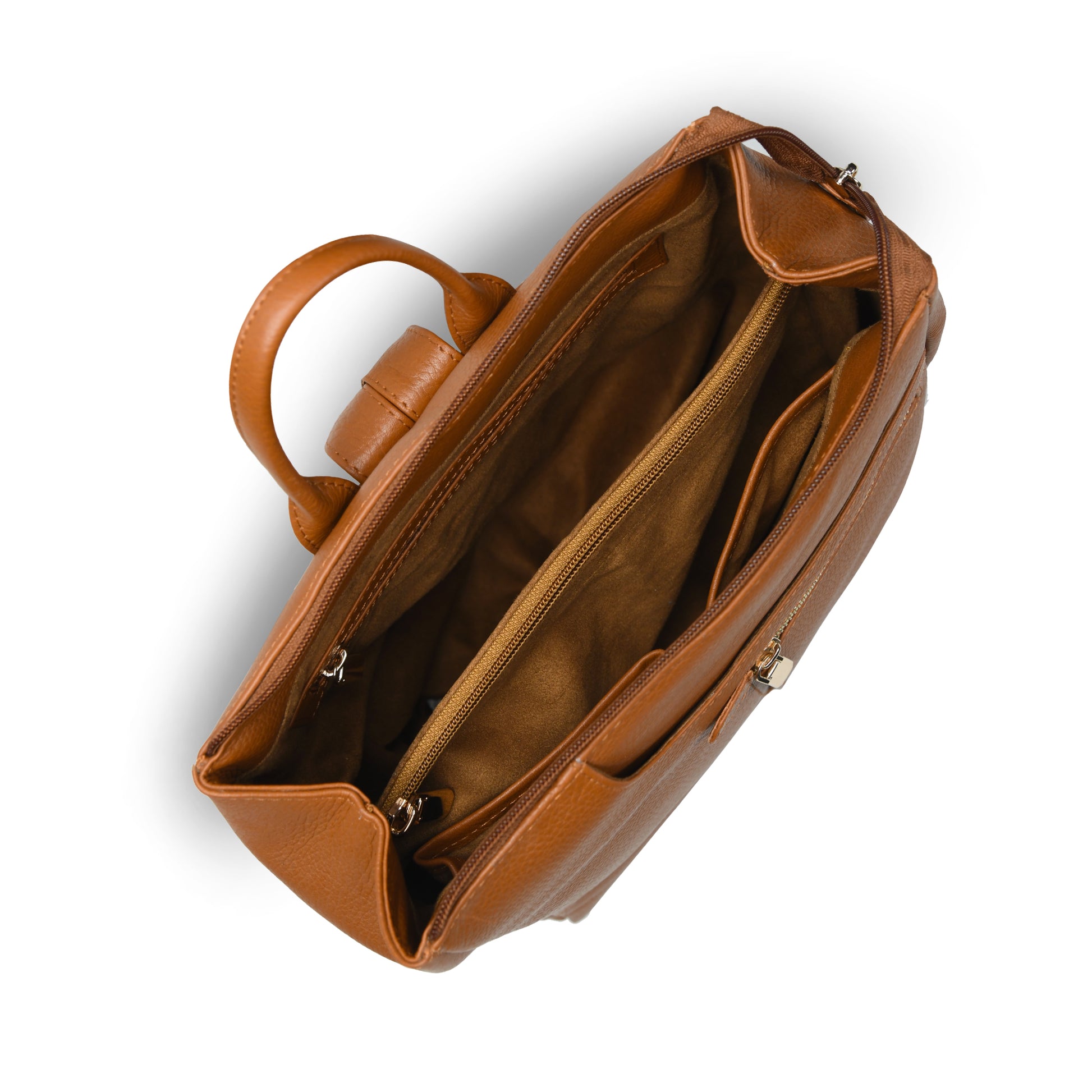 A top-down view of a tan Brown leather briefcase or satchel, shown open to reveal its interior compartments, including a zippered pocket and a main compartment