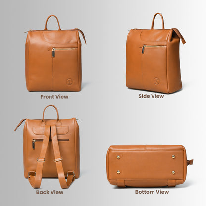 tan Brown  leather backpack shown from front, side, back, and bottom views on a gray background.