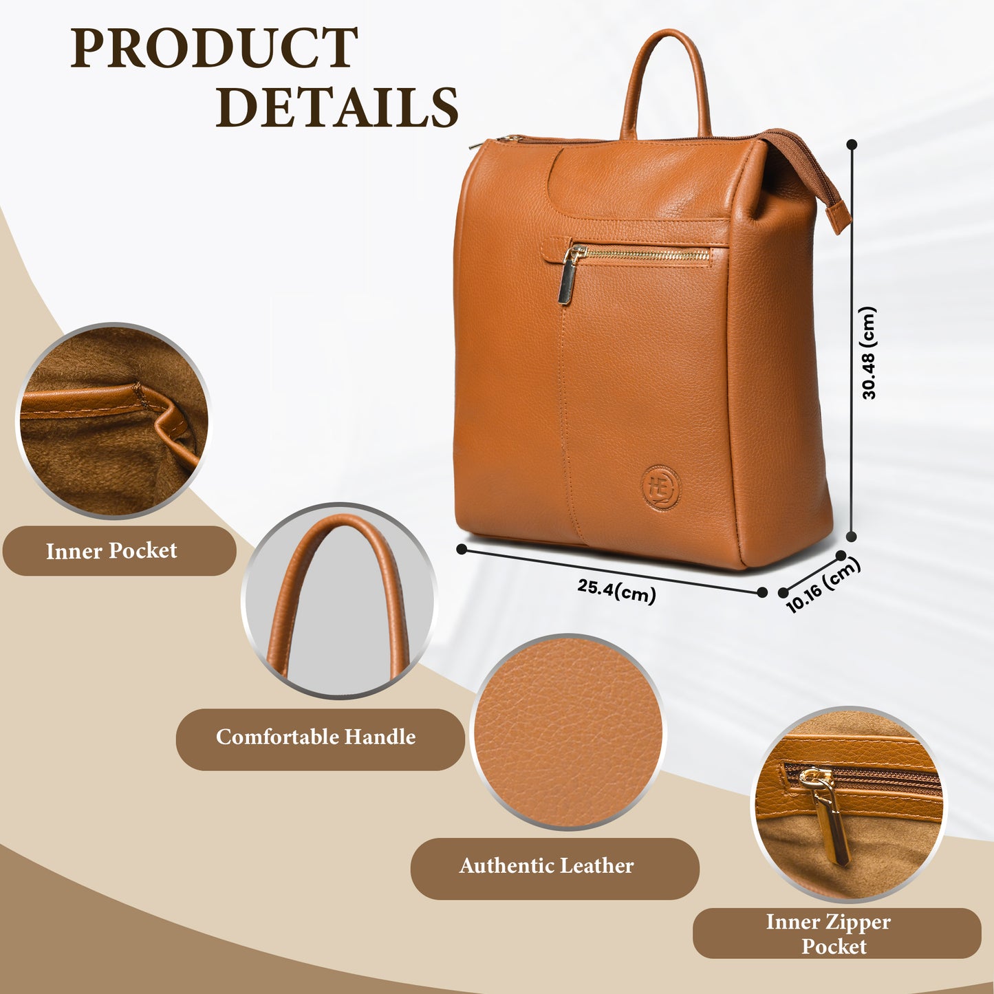 tan Brown leather backpack with product details on a beige background
