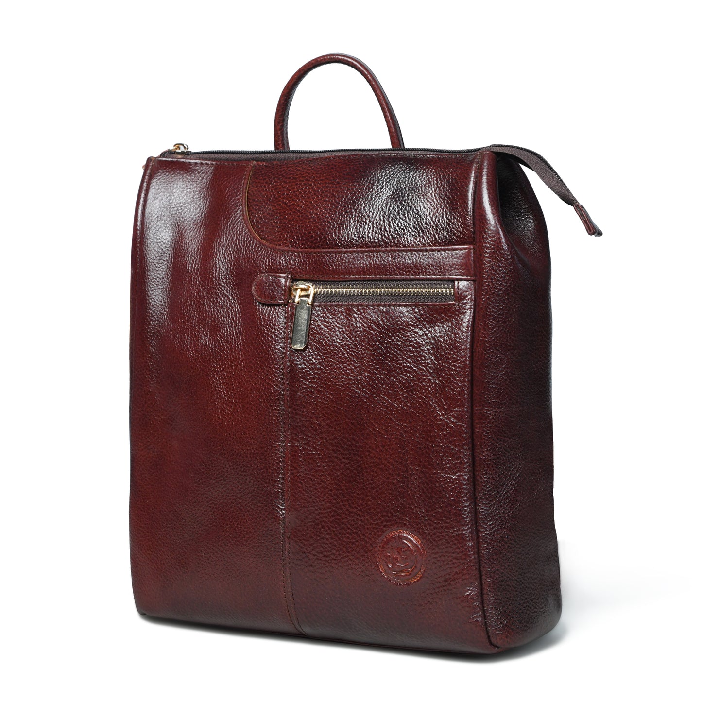 burgundy  pebbled leather backpack with a top handle, a front zippered pocket, and a small circular embossed logo near the bottom, shown on a white background.