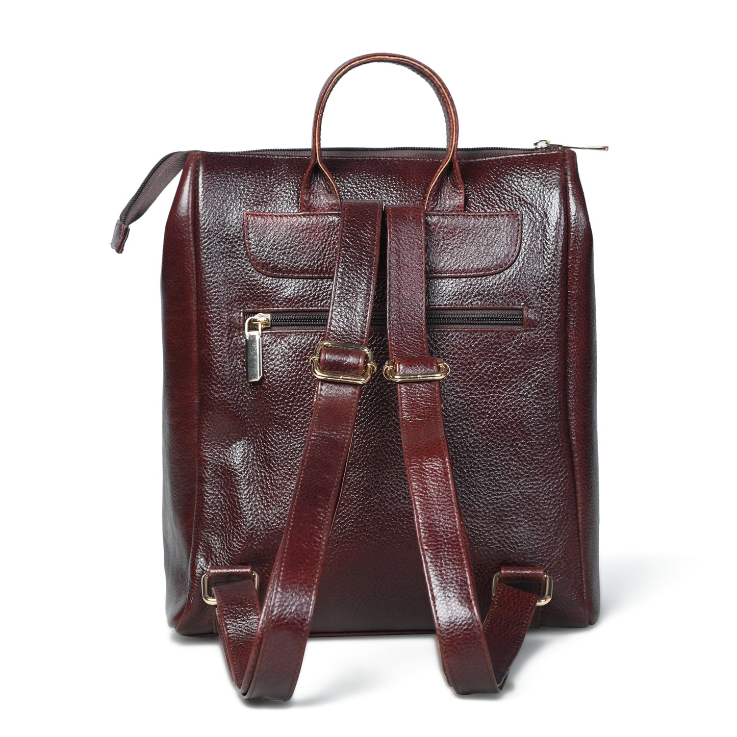 burgundy pebbled leather backpack with dual top handles, adjustable shoulder straps, and a front zippered pocket, shown against a plain white background.