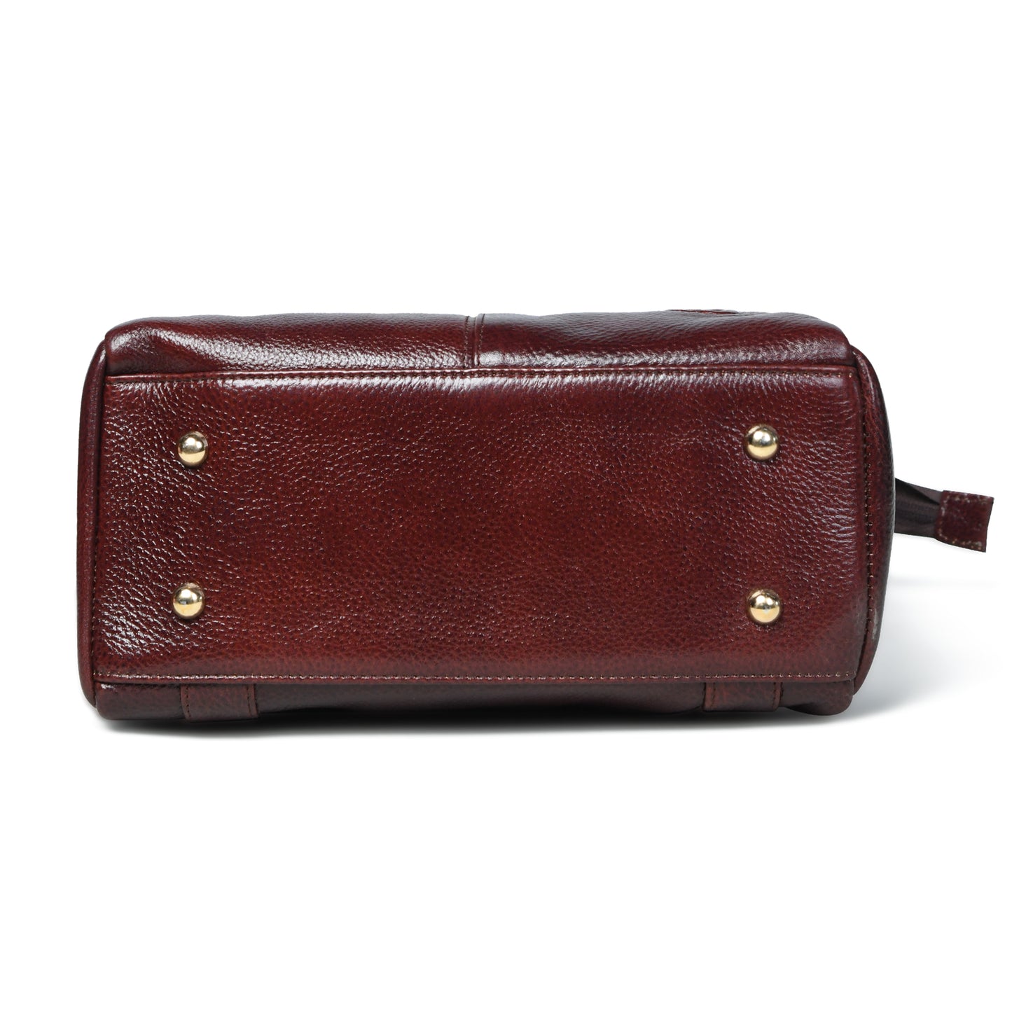 burgundy pebbled leather bag shown from the bottom, featuring four metal studs and a small leather pull tab on the right side, set against a plain white background.