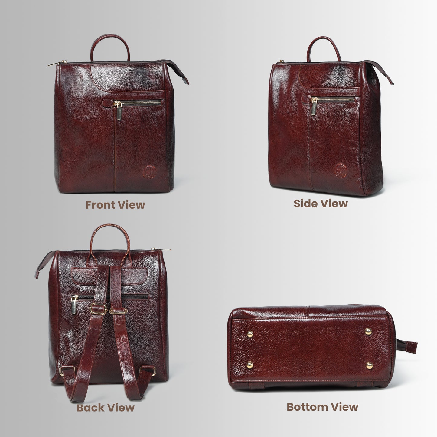 burgundy  leather backpack shown from four angles: front view, side view, back view, and bottom view, arranged in a 2x2 grid on a light gray background.