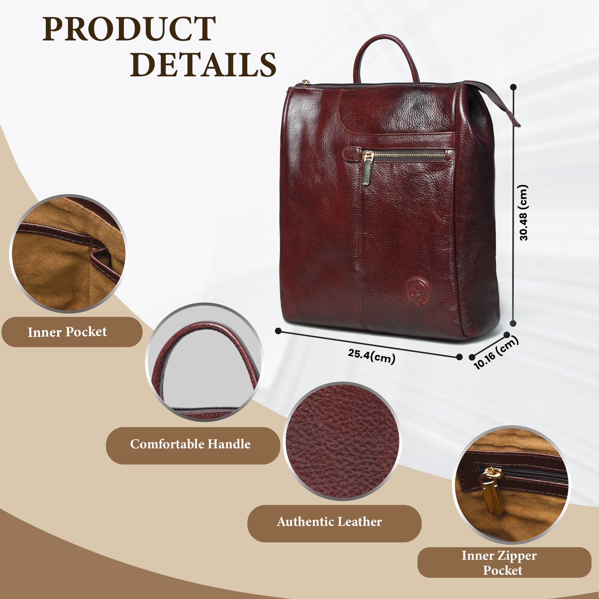 Burgundy leather backpack with product details on a white background