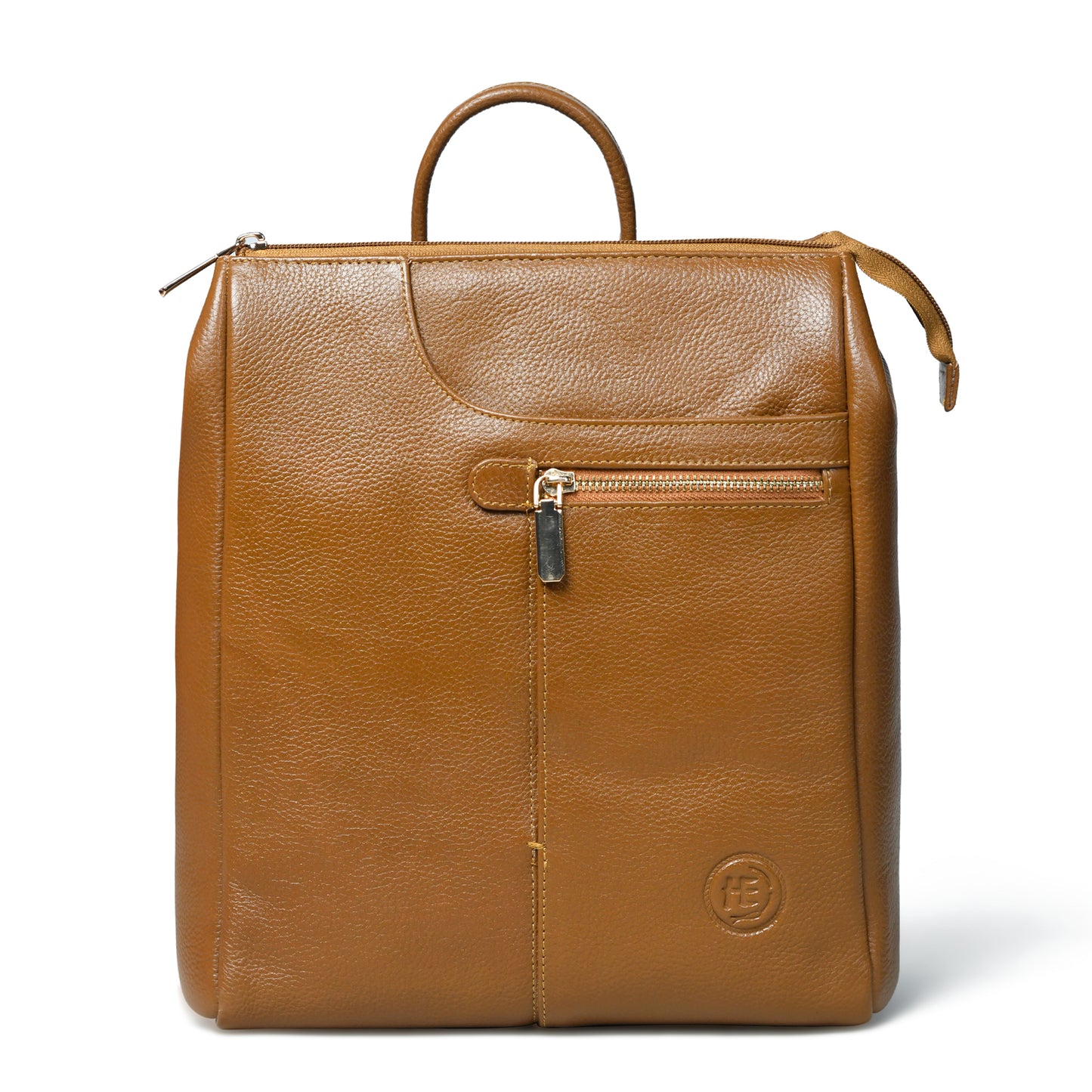 Gold pebbled leather backpack with a top handle, front zippered pocket, and a circular embossed logo on the lower right, shown against a plain white background.