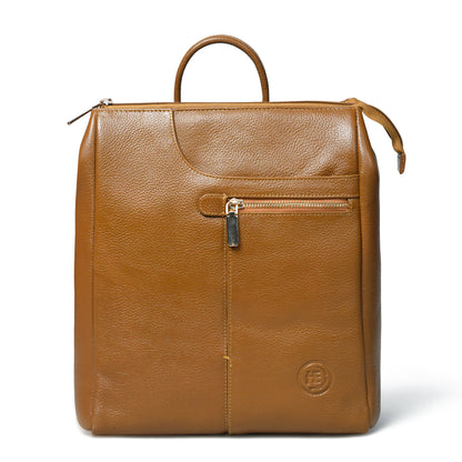 Gold pebbled leather backpack with a top handle, front zippered pocket, and a circular embossed logo on the lower right, shown against a plain white background.