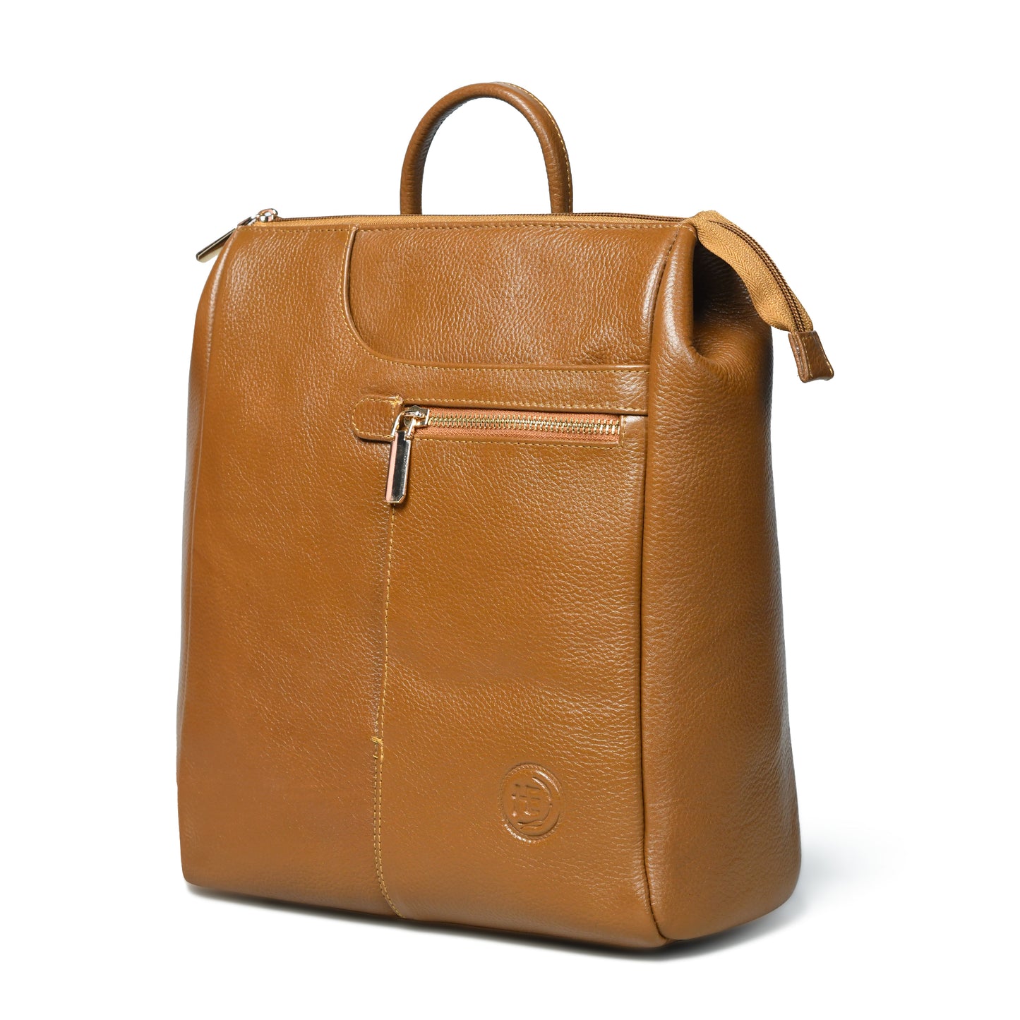 Gold leather backpack with a top handle, a front zippered pocket, and a small circular logo embossed near the bottom, shown on a white background.