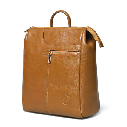 Gold leather backpack with a top handle, a front zippered pocket, and a small circular logo embossed near the bottom, shown on a white background.