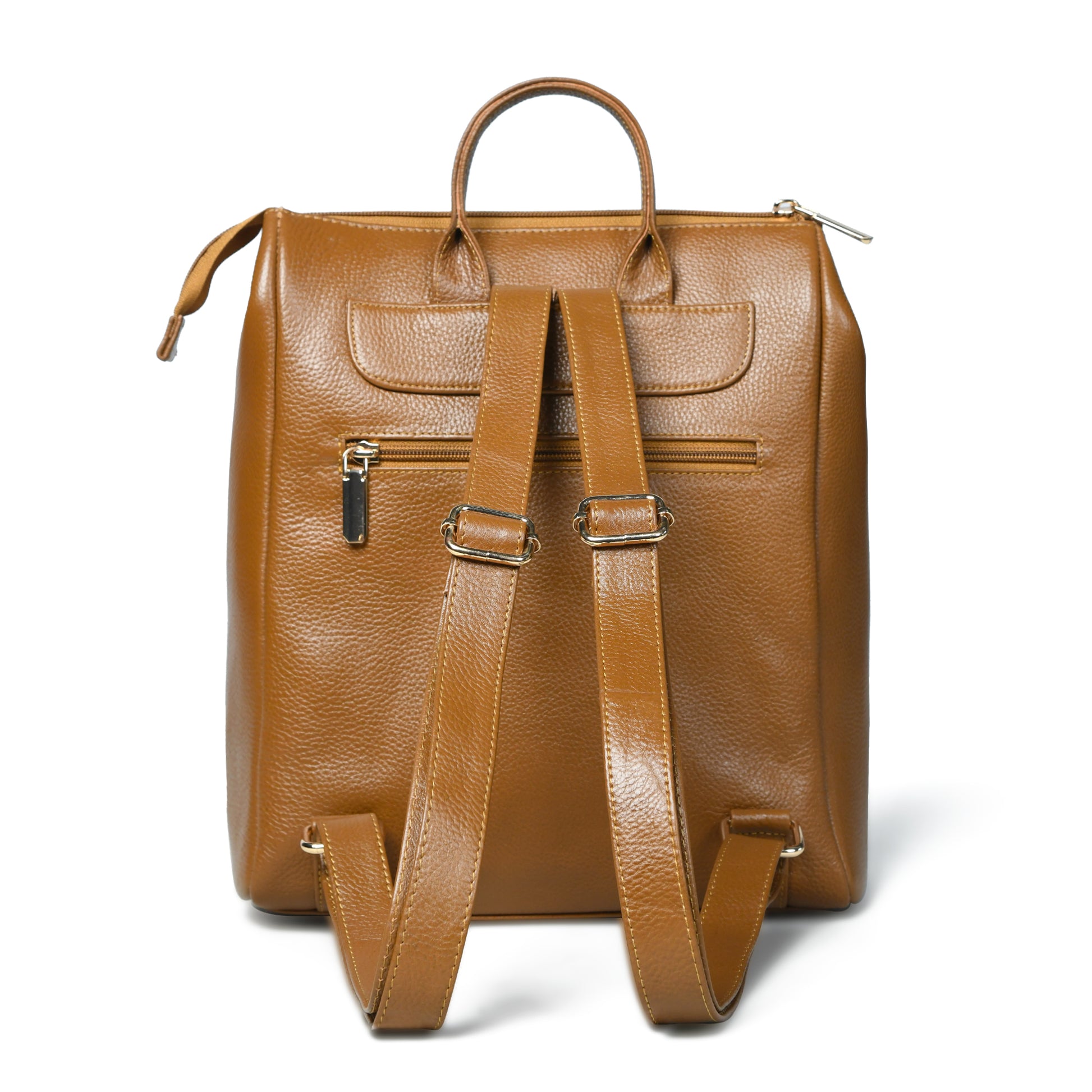 Gold pebbled leather backpack shown from the back, featuring dual top handles, adjustable shoulder straps with metal buckles, and zippered compartments, photographed on a clean white background.