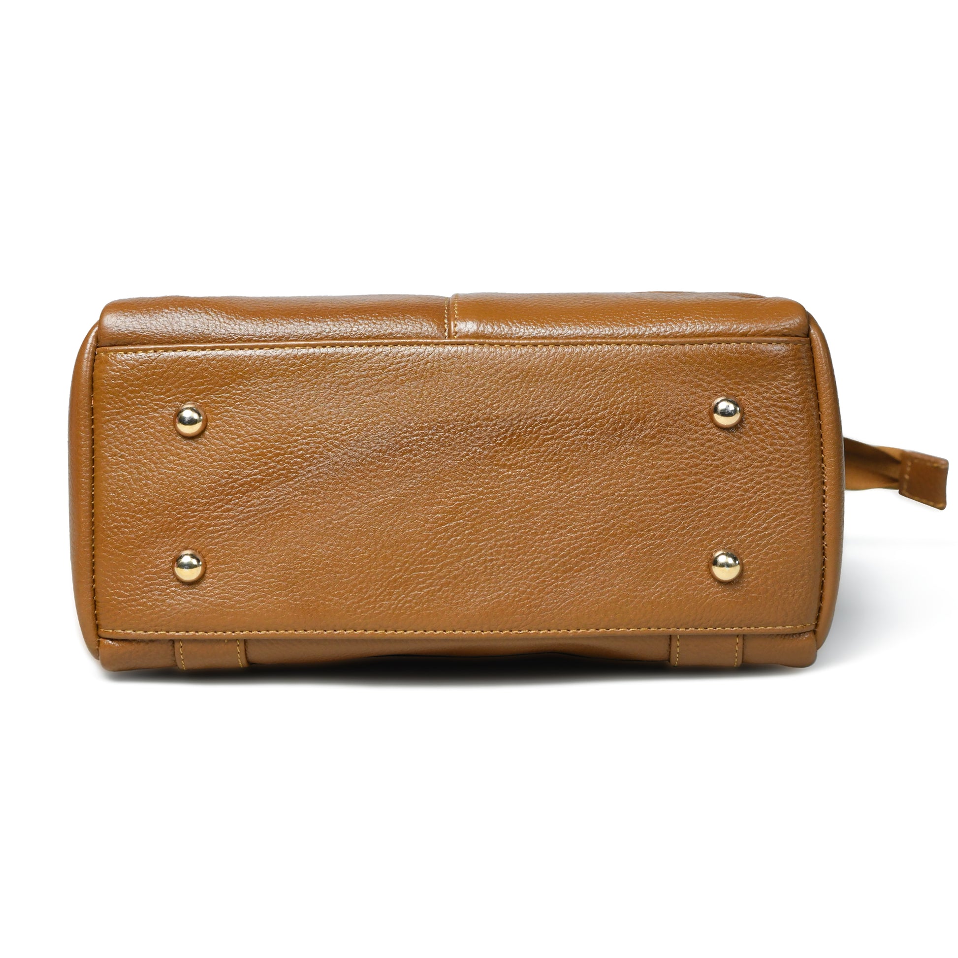 Gold pebbled leather bag shown from the bottom, featuring four gold-tone metal studs and a small leather loop on the right side, set against a plain white background.