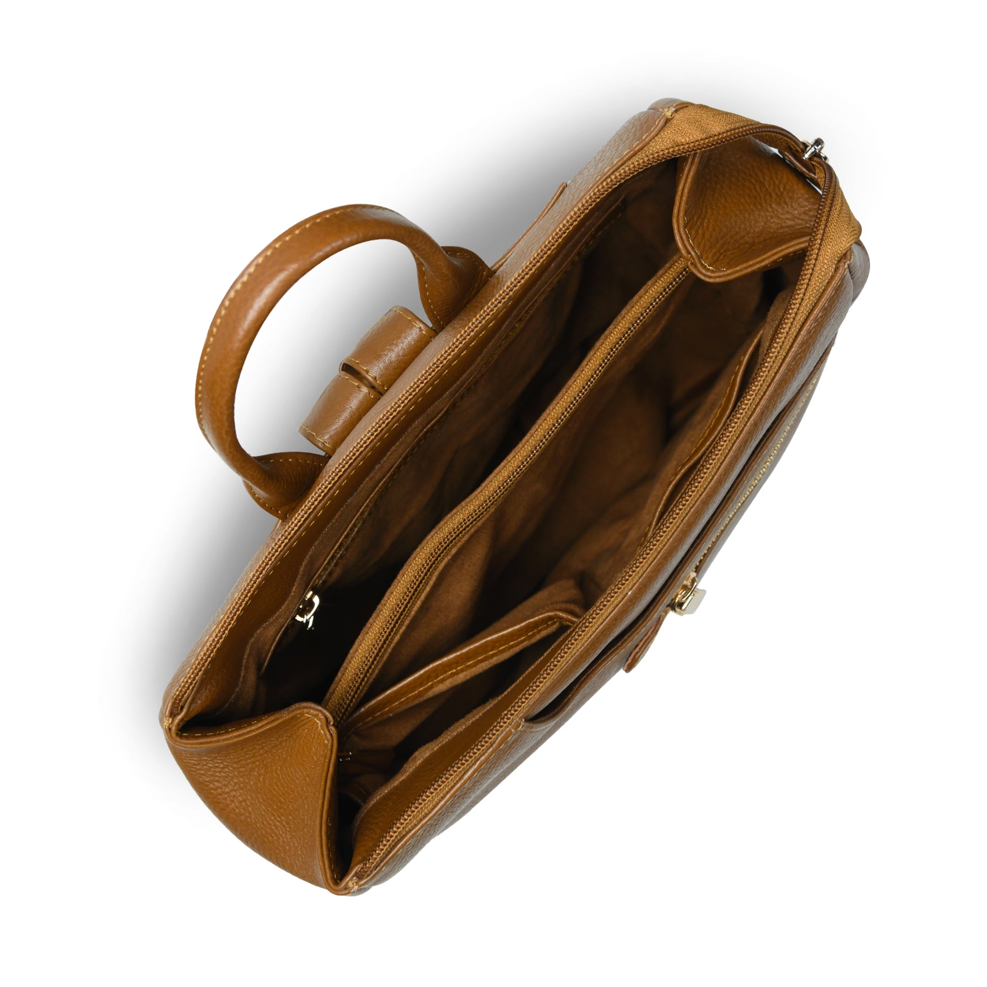 Gold leather handbag shown from a top-down angle, open to reveal its interior compartments, zippered pockets, and matching brown leather handle on a white background.