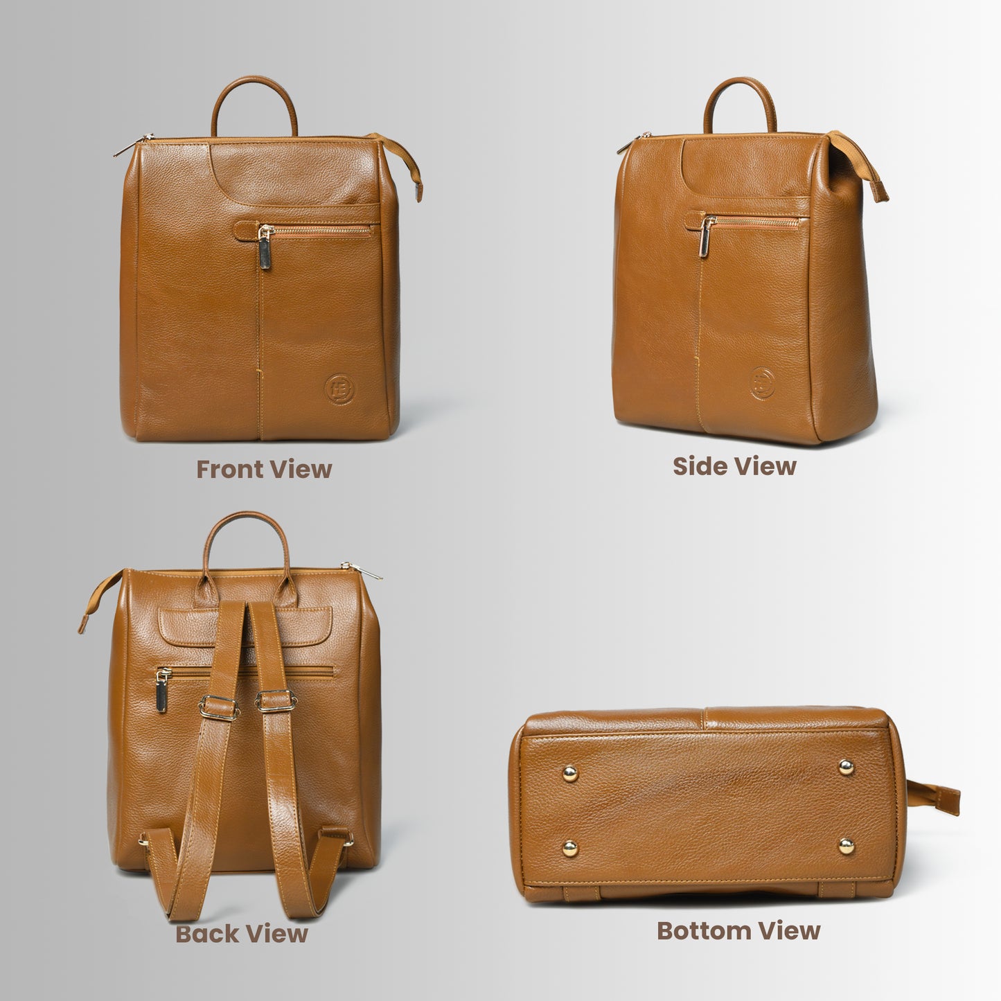 Gold leather backpack shown from front, side, back, and bottom views on a gray background.