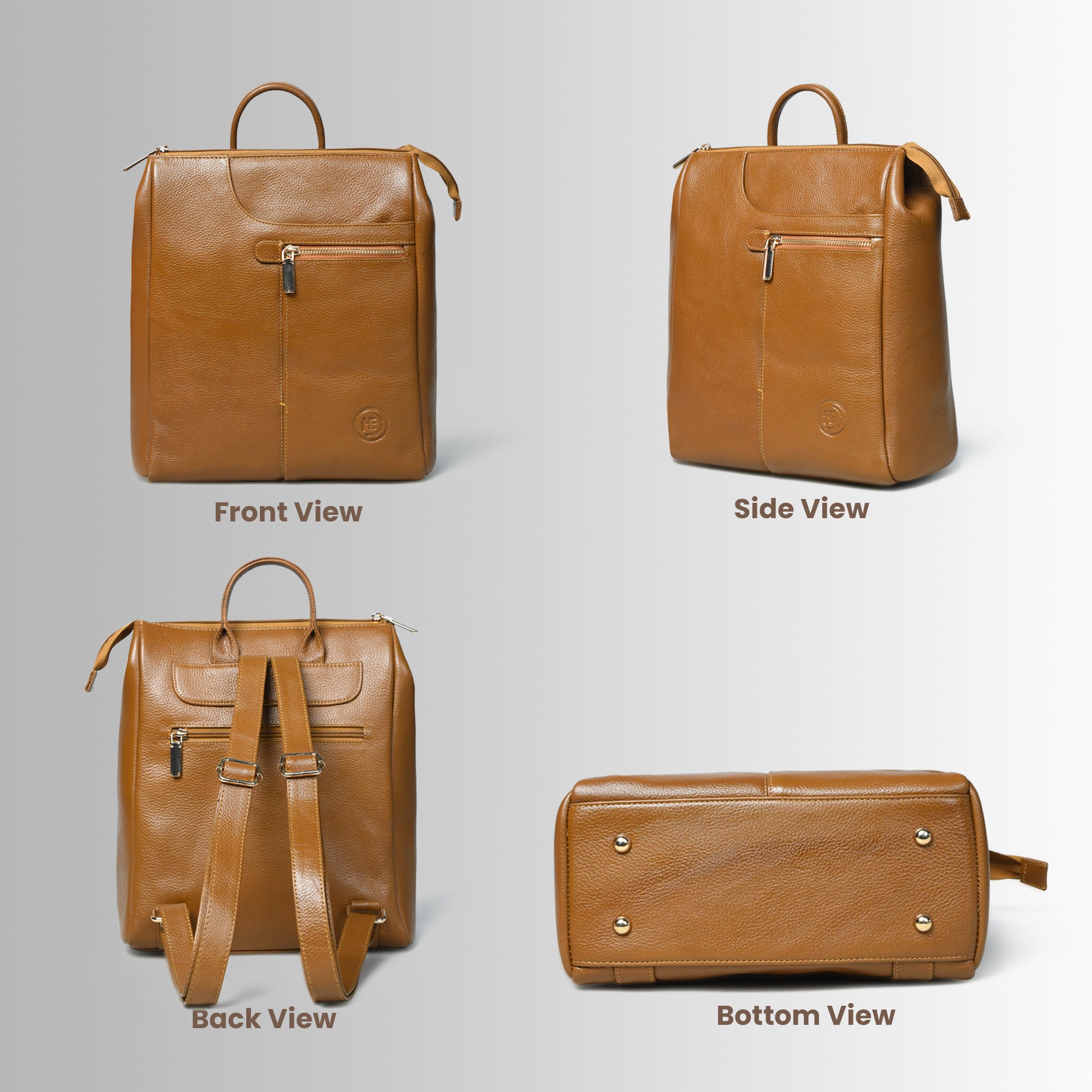 Gold leather backpack shown from front, side, back, and bottom views on a gray background.