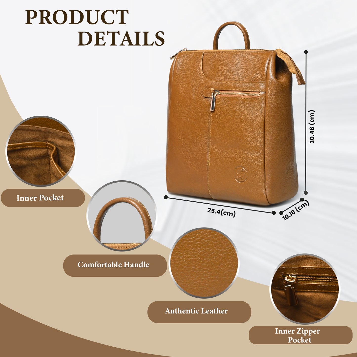 Gold Brown leather backpack product details graphic showing a tan-brown backpack with dimensions labeled 30.48 cm height, 28.