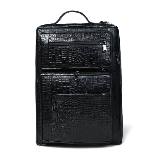 Black leather bag - front view with crocodile texture, handcrafted buffalo leather | Hema Emporium