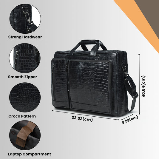 Black leather bag - front view with dimensions and feature callouts, handcrafted buffalo leather | Hema Emporium