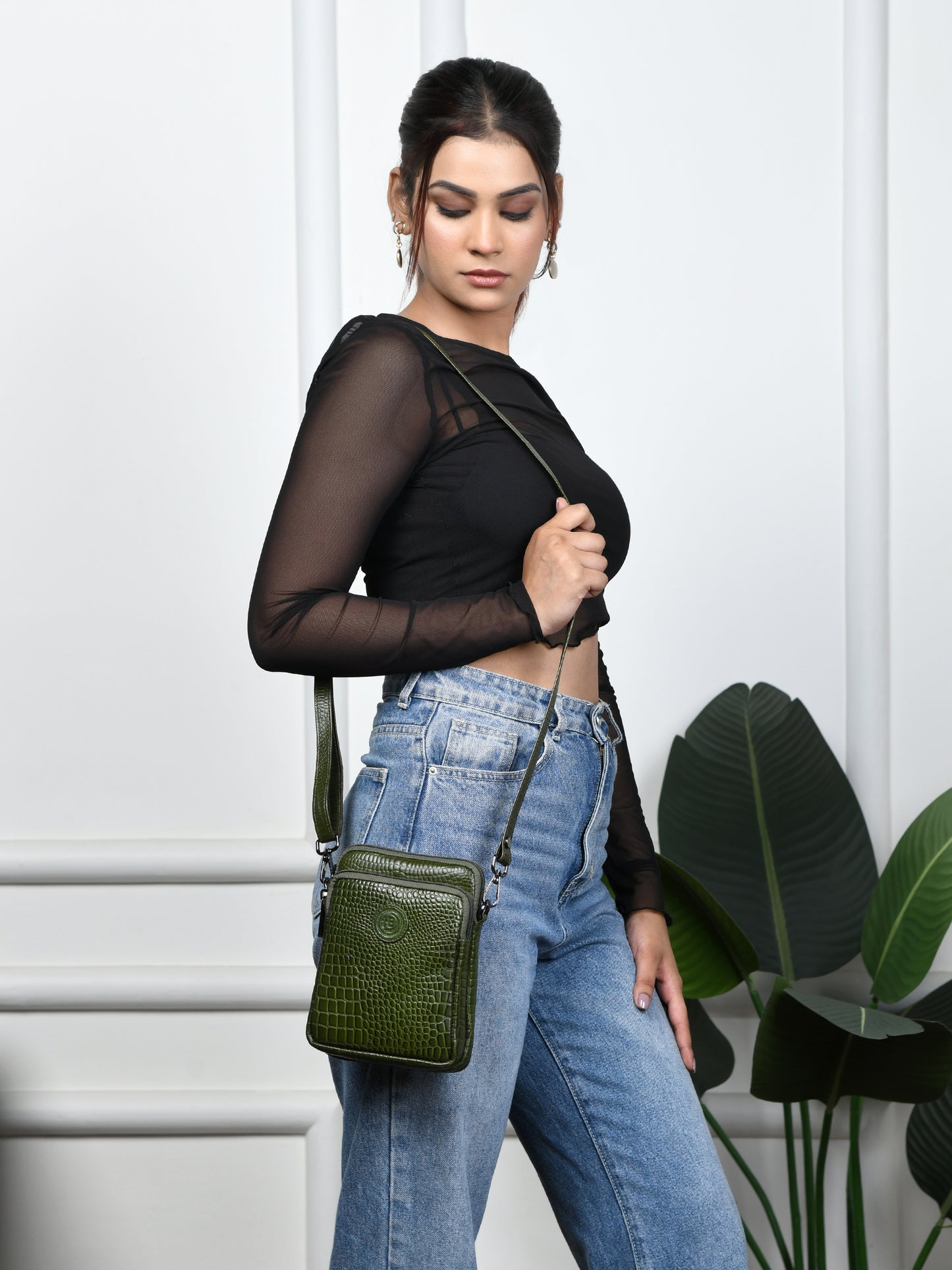 Croc Emposed Sling Bag - Olive Green