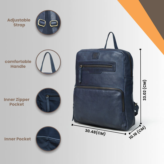 Navy leather bag - features and dimensions infographic, handcrafted buffalo leather | Hema Emporium