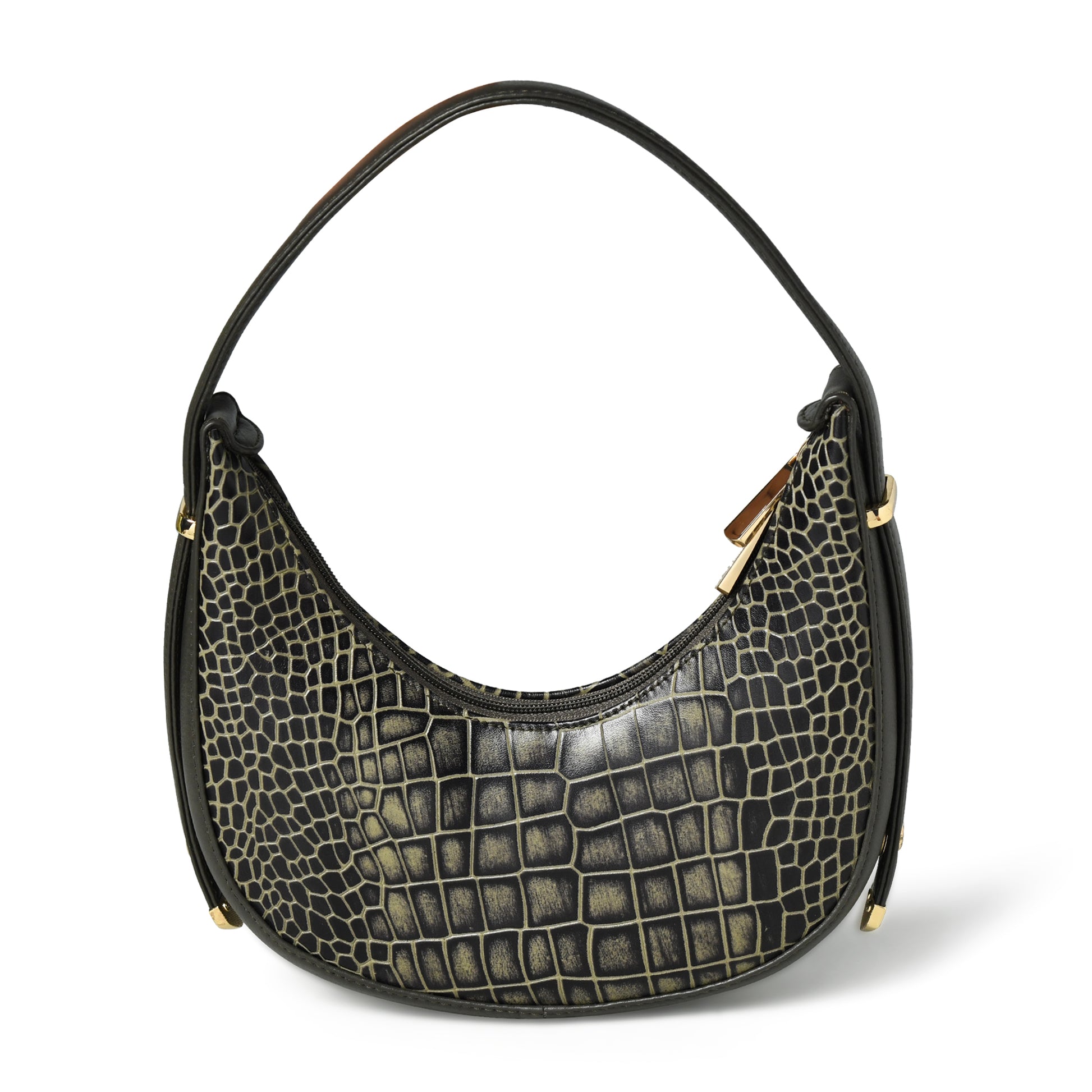 Black Gold leather bag - front view of half moon croc pattern, handcrafted buffalo leather | Hema Emporium