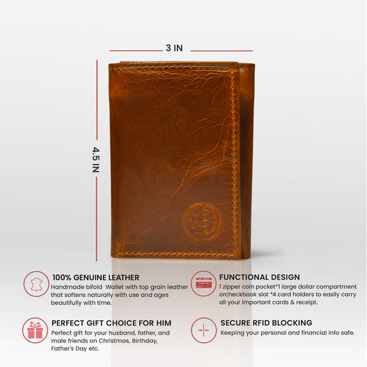 Brown Leather Wallet for Men - front view with dimensions, handcrafted buffalo leather | Hema Emporium