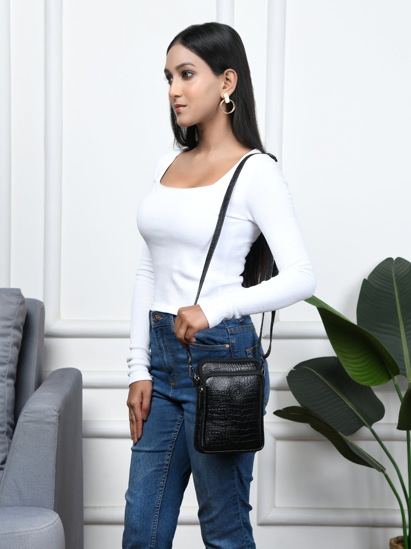 Croc Emposed Sling Bag - Black