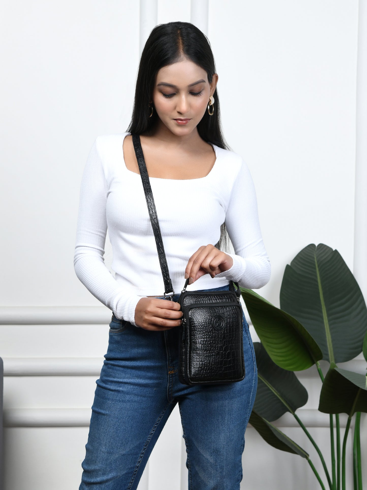 Croc Emposed Sling Bag - Black