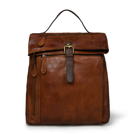 Tan brown leather bag - front view with buckle and zipper details, handcrafted buffalo leather | Hema Emporium