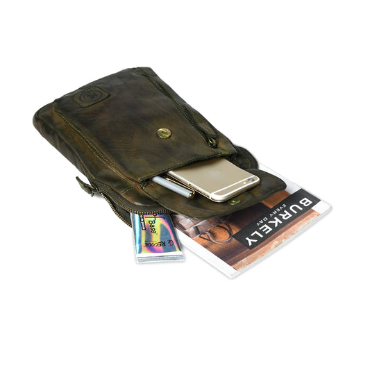 Olive Green Leather Bag - open interior showing phone, pen & magazine, handcrafted buffalo leather | Hema Emporium